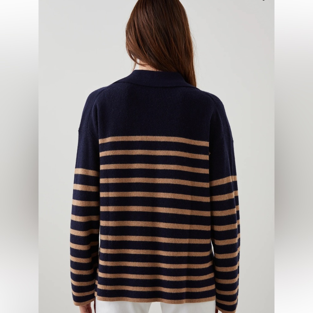 Rails Harris Wool Cashmere Polo Sweater in Camel Navy Stripe Size L - Picture 3 of 15